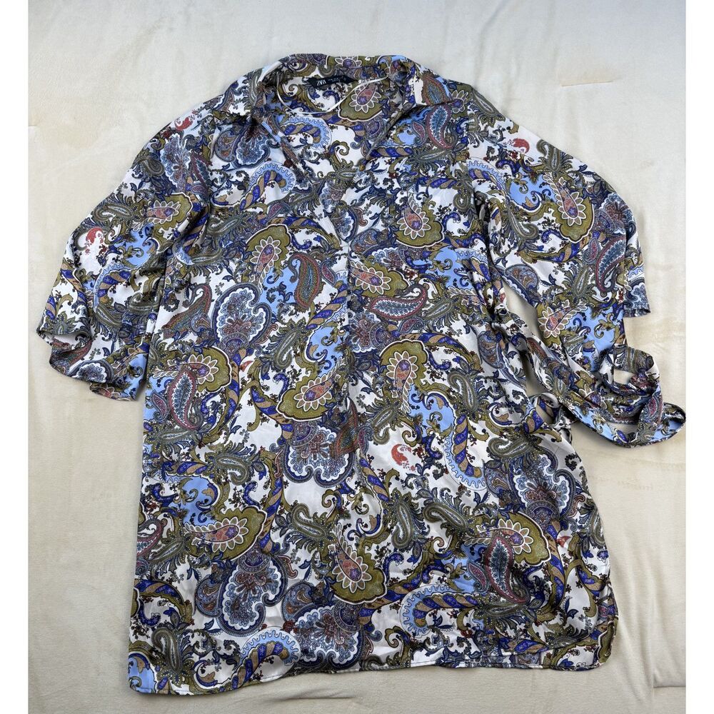 Zara Women’s Paisley Belted Shirt Dress Size M Multicolor 3/4 Sleeve